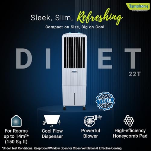Symphony Diet 12T Tower Air Cooler | Honeycomb Cooling Pad | Powerful Blower | Auto Louver Movement | Cool Flow Dispenser | 12L | 1-Year Warranty