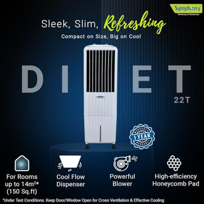 Symphony Diet 12T Tower Air Cooler | Honeycomb Cooling Pad | Powerful Blower | Auto Louver Movement | Cool Flow Dispenser | 12L | 1-Year Warranty