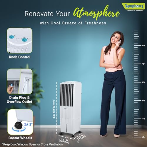 Symphony Diet 12T Tower Air Cooler | Honeycomb Cooling Pad | Powerful Blower | Auto Louver Movement | Cool Flow Dispenser | 12L | 1-Year Warranty