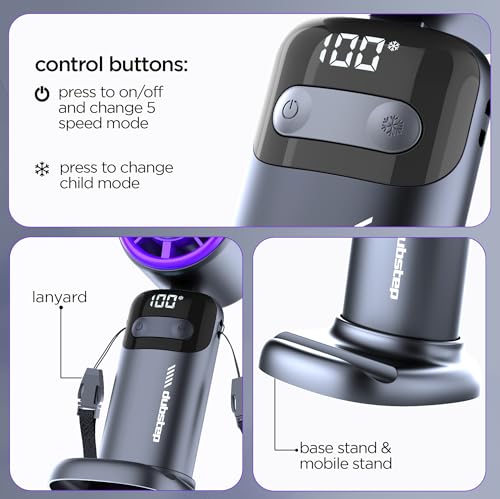 Dubstep Flo-Ice Mini Handheld USB Rechargeable Cooling Fan with Lanyard, LED Digital Display, 5x Speed Mode, 10,000 RPM, Built-in Chiller Tech, Multi-Angle Adjustment, Purple/Black