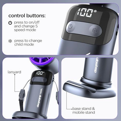 Dubstep Flo-Ice Mini Handheld USB Rechargeable Cooling Fan with Lanyard, LED Digital Display, 5x Speed Mode, 10,000 RPM, Built-in Chiller Tech, Multi-Angle Adjustment, Purple/Black