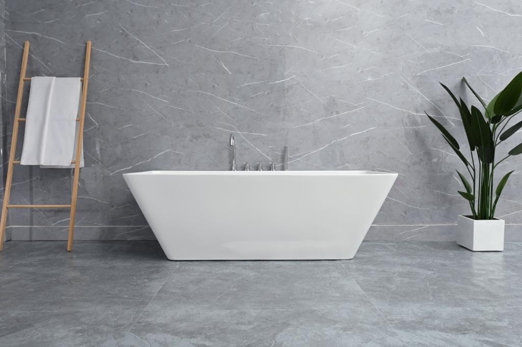 TAISOR Freestanding Bathtub 150 cm – White Glossy Acrylic Soaking Tub with Overflow Drain, Brass Pop-Up Waste & Waste Pipe, 6-Layer Reinforced Standalone Bath Tub