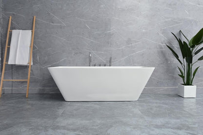 TAISOR Freestanding Bathtub 150 cm – White Glossy Acrylic Soaking Tub with Overflow Drain, Brass Pop-Up Waste & Waste Pipe, 6-Layer Reinforced Standalone Bath Tub