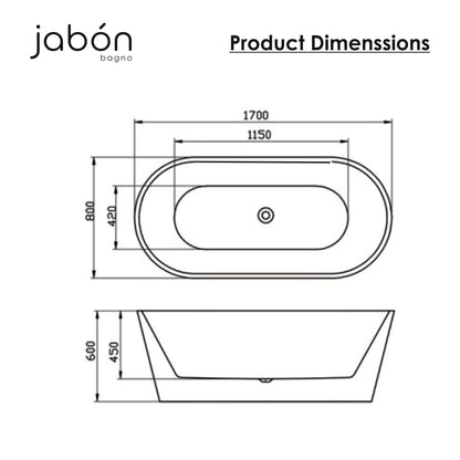TAISOR Freestanding Bathtub 150 cm – White Glossy Acrylic Soaking Tub with Overflow Drain, Brass Pop-Up Waste & Waste Pipe, 6-Layer Reinforced Standalone Bath Tub