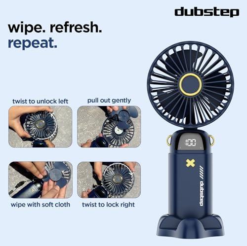 Dubstep Flo-Ice Mini Handheld USB Rechargeable Cooling Fan with Lanyard, LED Digital Display, 5x Speed Mode, 10,000 RPM, Built-in Chiller Tech, Multi-Angle Adjustment, Purple/Black