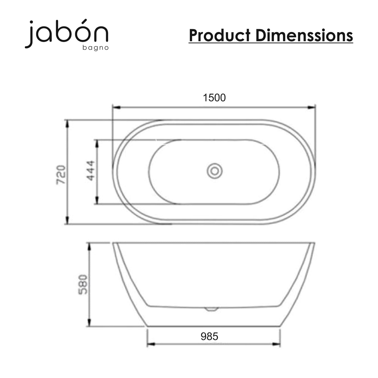TAISOR Freestanding Bathtub 150 cm – White Glossy Acrylic Soaking Tub with Overflow Drain, Brass Pop-Up Waste & Waste Pipe, 6-Layer Reinforced Standalone Bath Tub