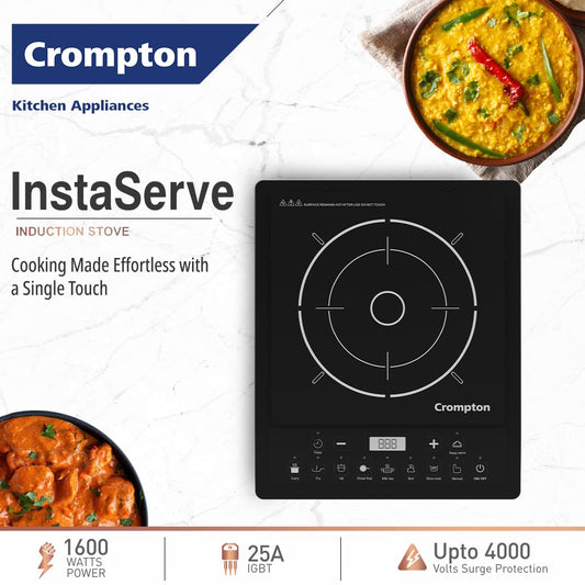 Crompton Instaserve 1600 W Induction Cooktop | 7 One touch Indian Menus | Overvoltage Shield Protection | 1 Year Warranty