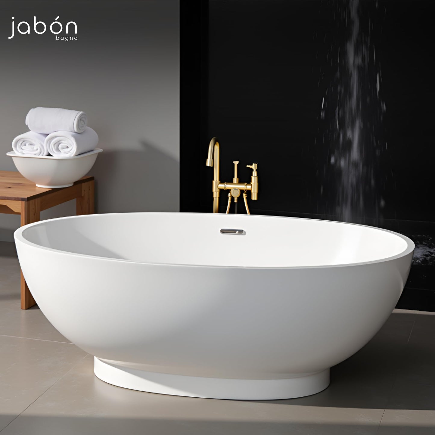 TAISOR Freestanding Bathtub 150 cm – White Glossy Acrylic Soaking Tub with Overflow Drain, Brass Pop-Up Waste & Waste Pipe, 6-Layer Reinforced Standalone Bath Tub