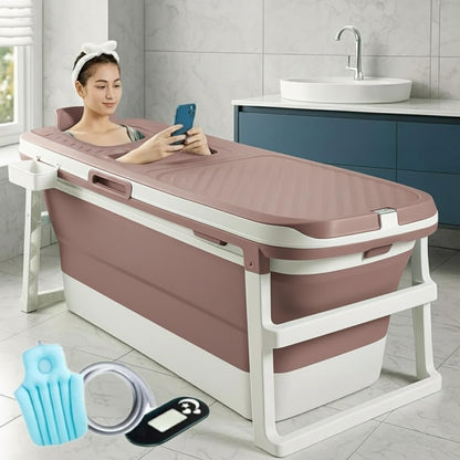Large 6ft Foldable Bathtub for Adults (132cm) – Portable Soaking Spa with Real-Time Temperature Meter, Massage Rollers & Lid Folding Home Ice Bath & Hot Tub Bathing Tub (132L×62W×52H CM)