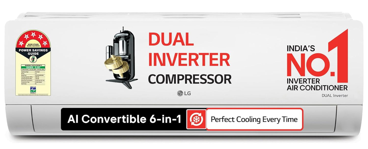 LG 1 Ton 5 Star Dual Inverter Split AC (Copper, AI Convertible 6-in-1 Cooling, Faster Cooling & Energy Saving, 4 Way Air Swing, HD Filter with Anti-Virus Protection, Viraat Mode, US-Q14ENZE, White)