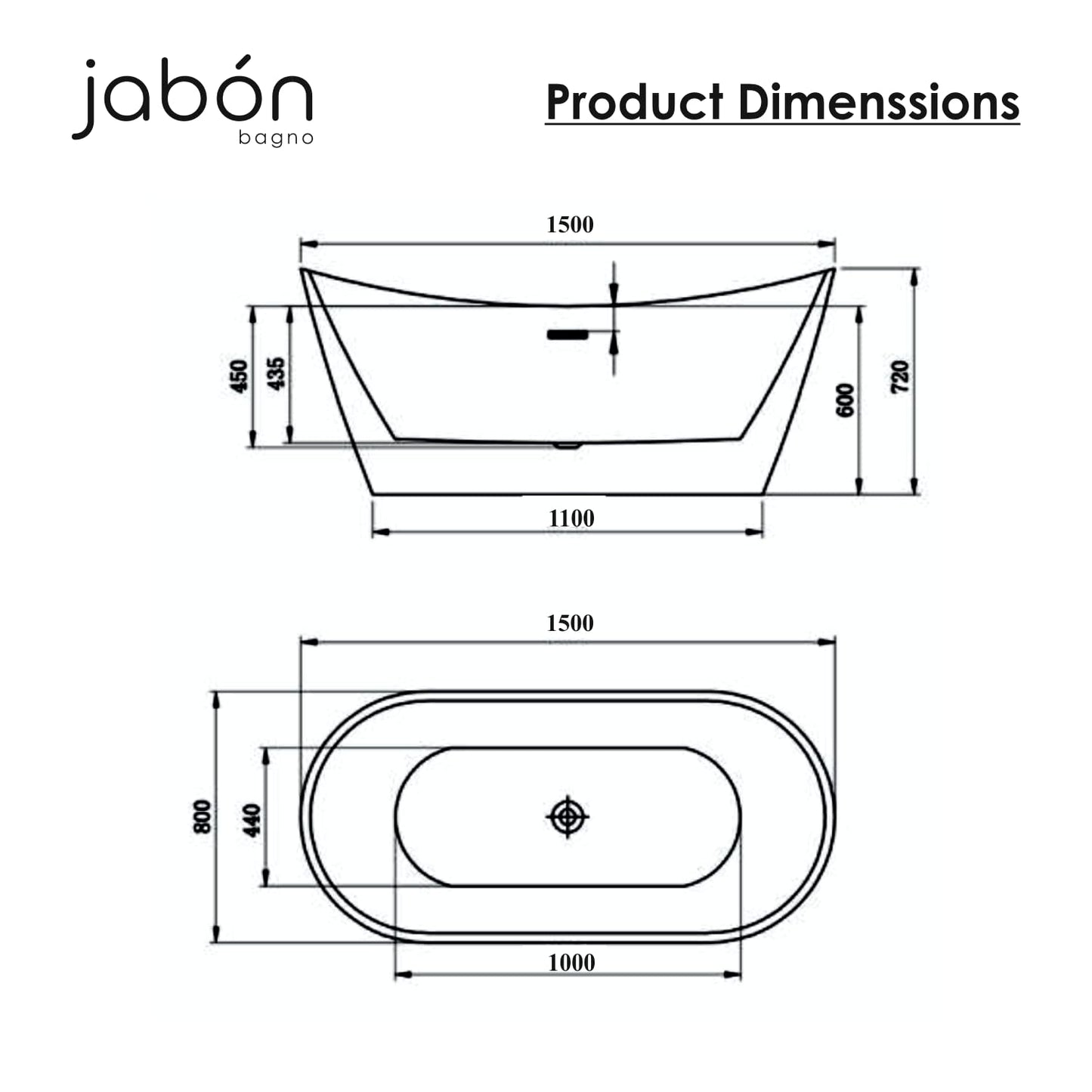 TAISOR Freestanding Bathtub 150 cm – White Glossy Acrylic Soaking Tub with Overflow Drain, Brass Pop-Up Waste & Waste Pipe, 6-Layer Reinforced Standalone Bath Tub
