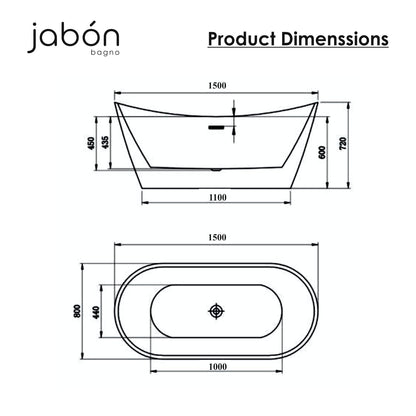 TAISOR Freestanding Bathtub 150 cm – White Glossy Acrylic Soaking Tub with Overflow Drain, Brass Pop-Up Waste & Waste Pipe, 6-Layer Reinforced Standalone Bath Tub
