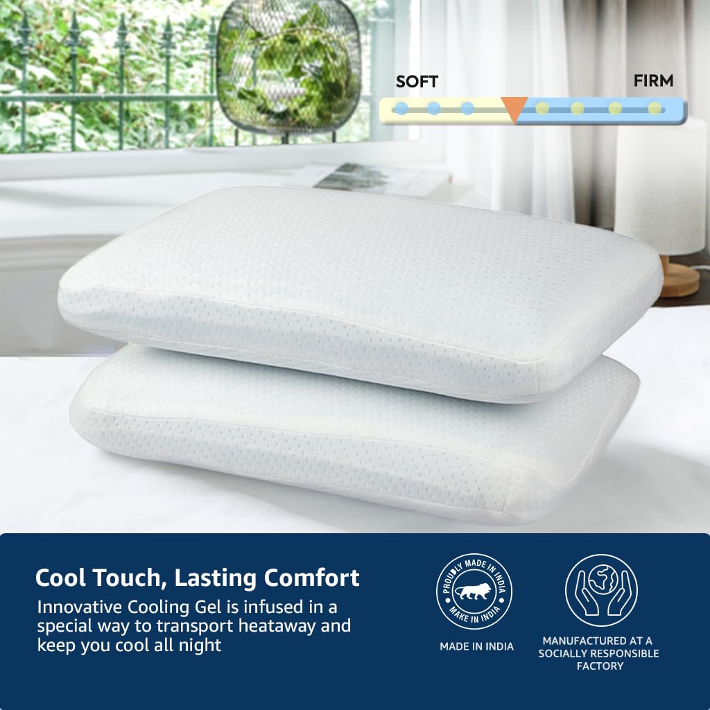 amazon basics Memory Foam Cooling Gel Orthopedic Pillow | Highly Breathable | Suitable for Shoulder Pain Relief, Back Sleeper, Side Sleeper & Stomach Sleeper (22 x 15 x 4 inch)