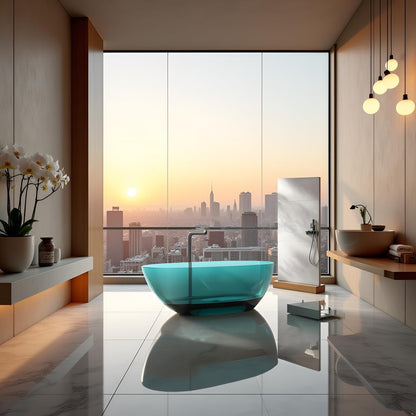 TAISOR Freestanding Bathtub 150 cm – White Glossy Acrylic Soaking Tub with Overflow Drain, Brass Pop-Up Waste & Waste Pipe, 6-Layer Reinforced Standalone Bath Tub