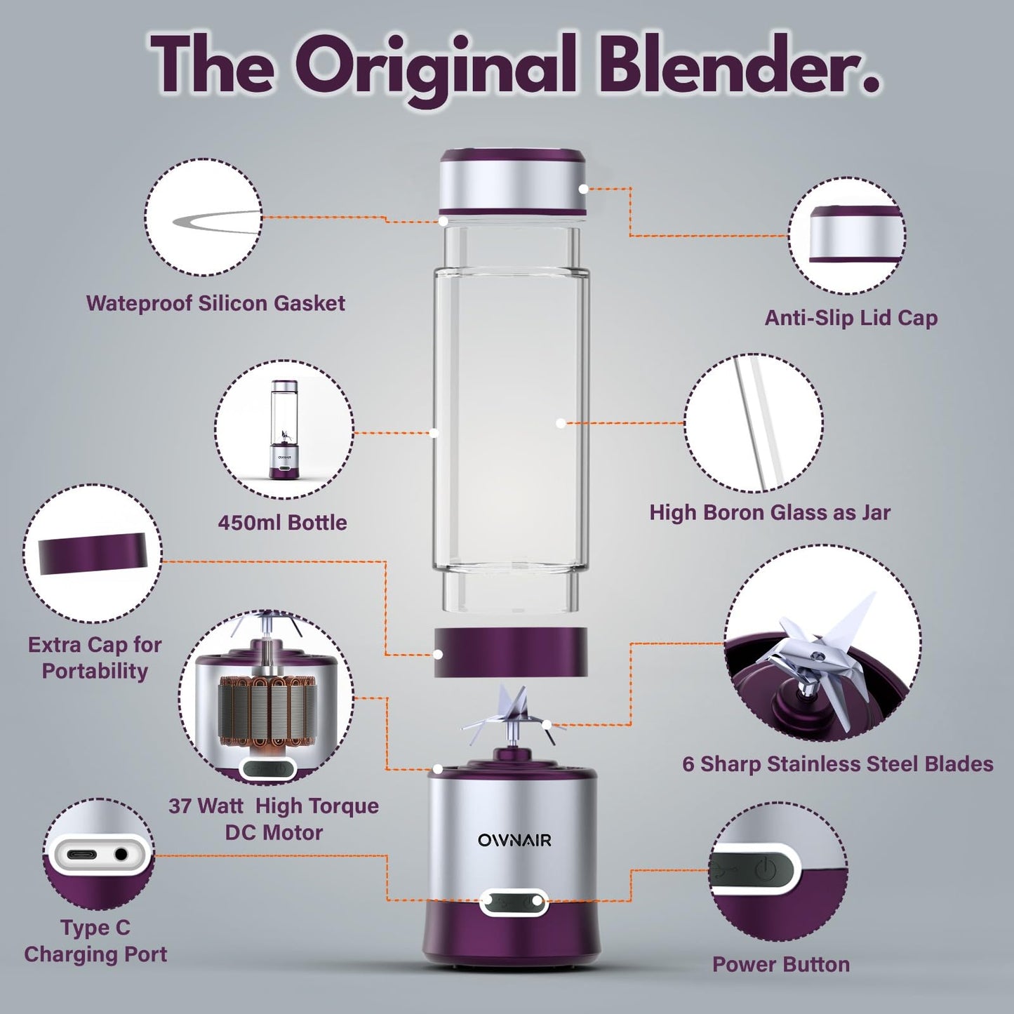 OWNAIR Portable Blender | Smoothie & Juice Maker | 180W Blender Mixer Grinder | 5000mAh Rechargeable Portable Juicer | 450ml High Borosilicate Glass Jar | Baby Food & Smoothie Maker | Grey & Purple