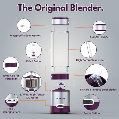 OWNAIR Portable Blender | Smoothie & Juice Maker | 180W Blender Mixer Grinder | 5000mAh Rechargeable Portable Juicer | 450ml High Borosilicate Glass Jar | Baby Food & Smoothie Maker | Grey & Purple