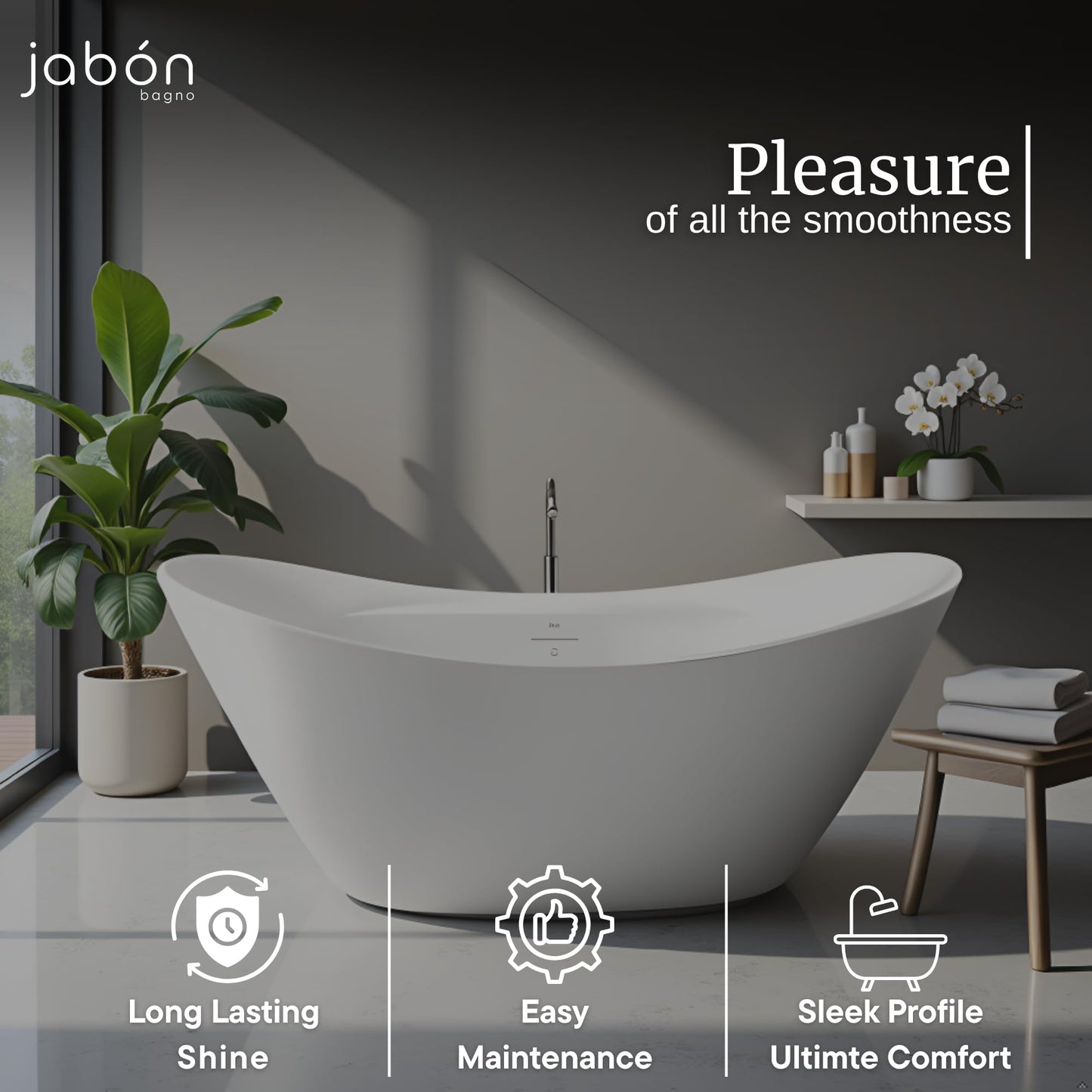 TAISOR Freestanding Bathtub 150 cm – White Glossy Acrylic Soaking Tub with Overflow Drain, Brass Pop-Up Waste & Waste Pipe, 6-Layer Reinforced Standalone Bath Tub