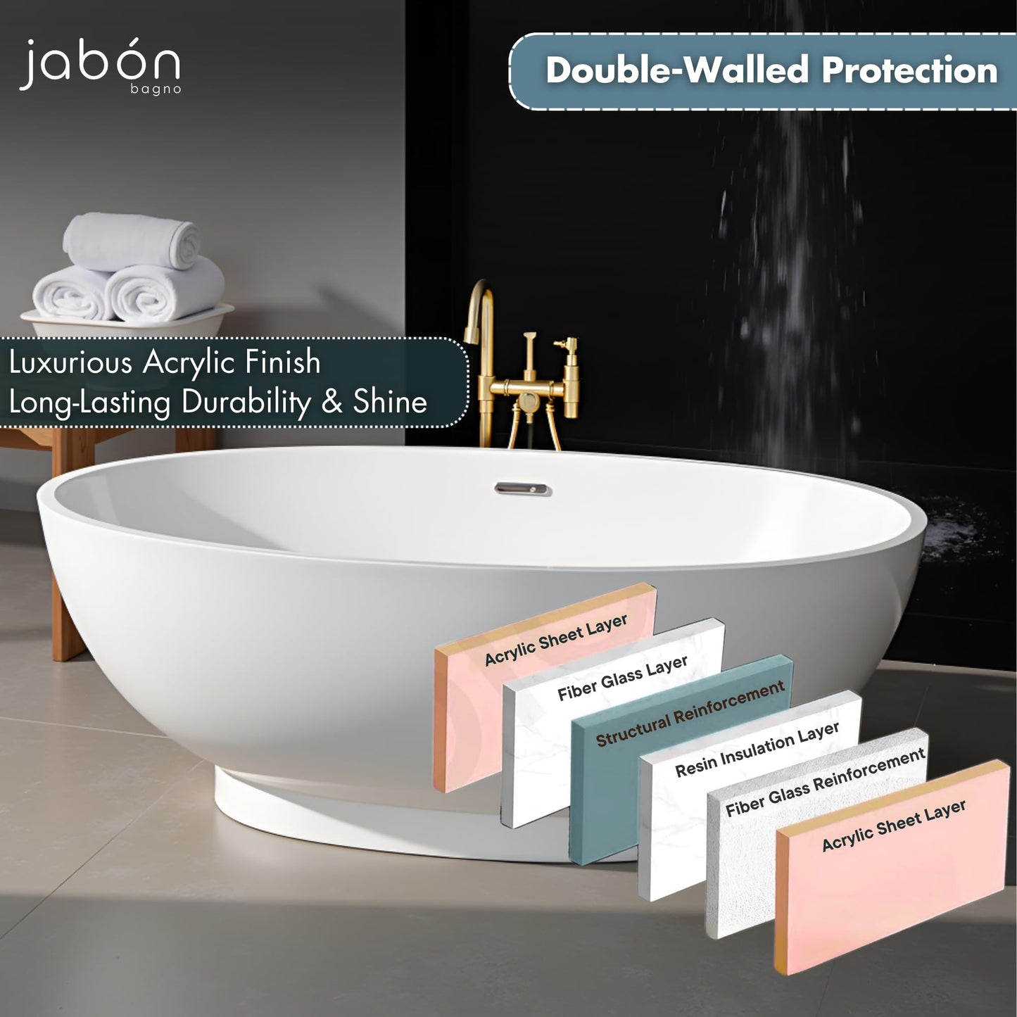 TAISOR Freestanding Bathtub 150 cm – White Glossy Acrylic Soaking Tub with Overflow Drain, Brass Pop-Up Waste & Waste Pipe, 6-Layer Reinforced Standalone Bath Tub