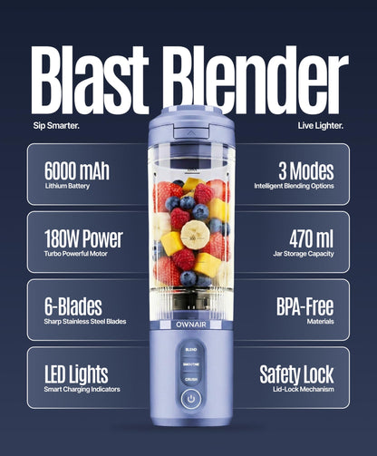 OWNAIR Portable Blender | Smoothie & Juice Maker | 180W Blender Mixer Grinder | 5000mAh Rechargeable Portable Juicer | 450ml High Borosilicate Glass Jar | Baby Food & Smoothie Maker | Grey & Purple