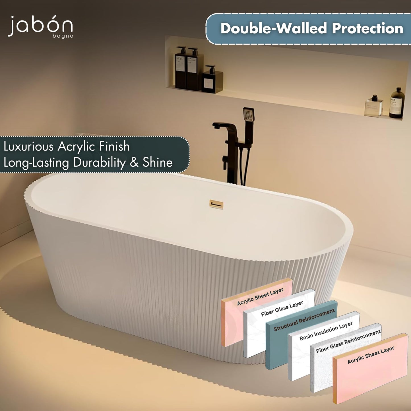 TAISOR Freestanding Bathtub 150 cm – White Glossy Acrylic Soaking Tub with Overflow Drain, Brass Pop-Up Waste & Waste Pipe, 6-Layer Reinforced Standalone Bath Tub