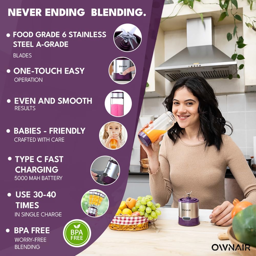 OWNAIR Portable Blender | Smoothie & Juice Maker | 180W Blender Mixer Grinder | 5000mAh Rechargeable Portable Juicer | 450ml High Borosilicate Glass Jar | Baby Food & Smoothie Maker | Grey & Purple