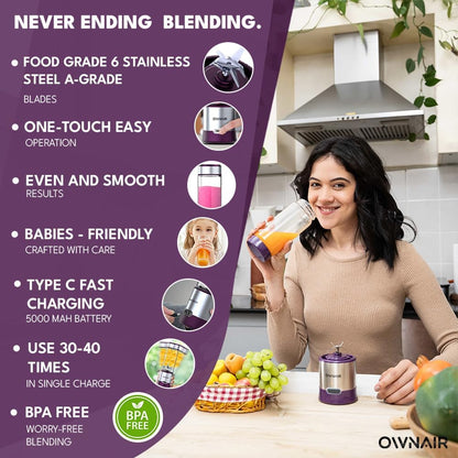 OWNAIR Portable Blender | Smoothie & Juice Maker | 180W Blender Mixer Grinder | 5000mAh Rechargeable Portable Juicer | 450ml High Borosilicate Glass Jar | Baby Food & Smoothie Maker | Grey & Purple
