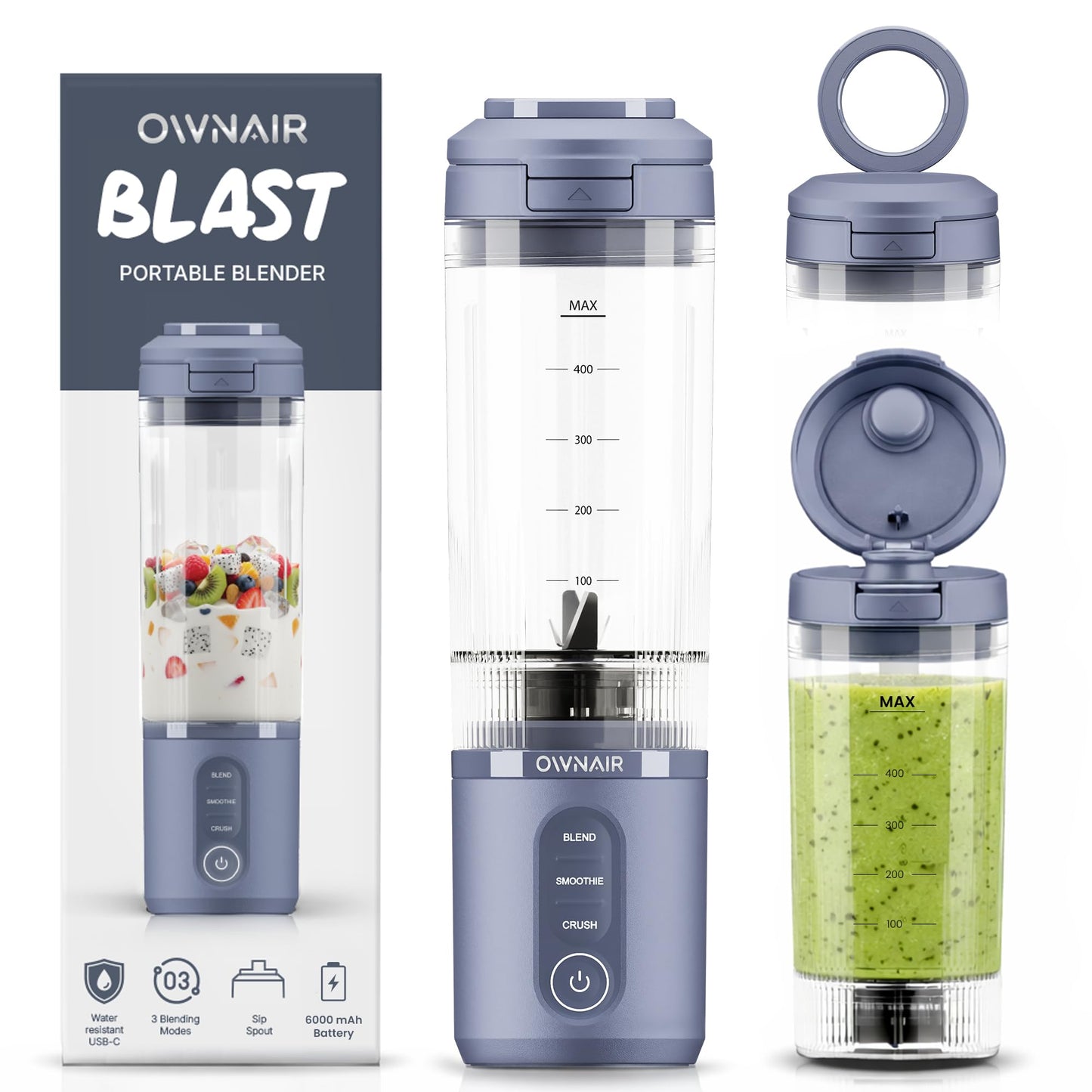 OWNAIR Portable Blender | Smoothie & Juice Maker | 180W Blender Mixer Grinder | 5000mAh Rechargeable Portable Juicer | 450ml High Borosilicate Glass Jar | Baby Food & Smoothie Maker | Grey & Purple
