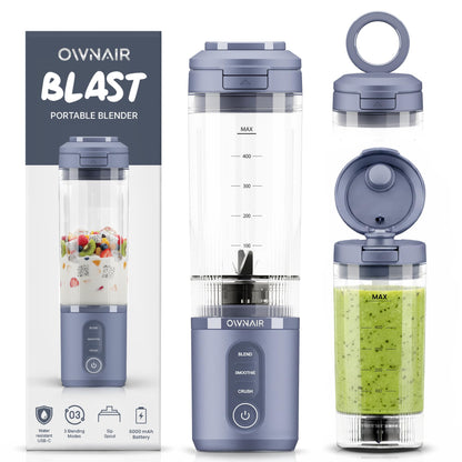 OWNAIR Portable Blender | Smoothie & Juice Maker | 180W Blender Mixer Grinder | 5000mAh Rechargeable Portable Juicer | 450ml High Borosilicate Glass Jar | Baby Food & Smoothie Maker | Grey & Purple