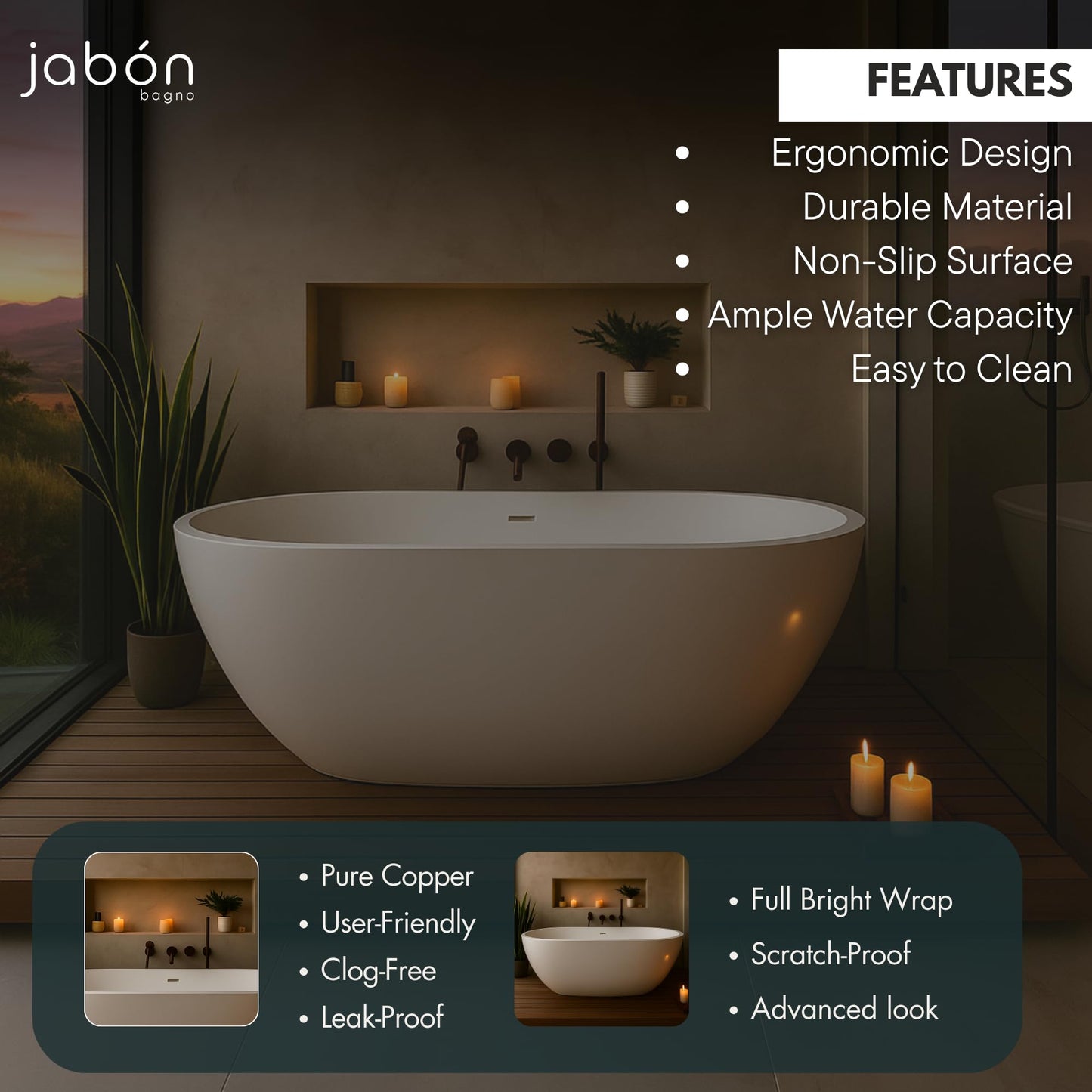 TAISOR Freestanding Bathtub 150 cm – White Glossy Acrylic Soaking Tub with Overflow Drain, Brass Pop-Up Waste & Waste Pipe, 6-Layer Reinforced Standalone Bath Tub