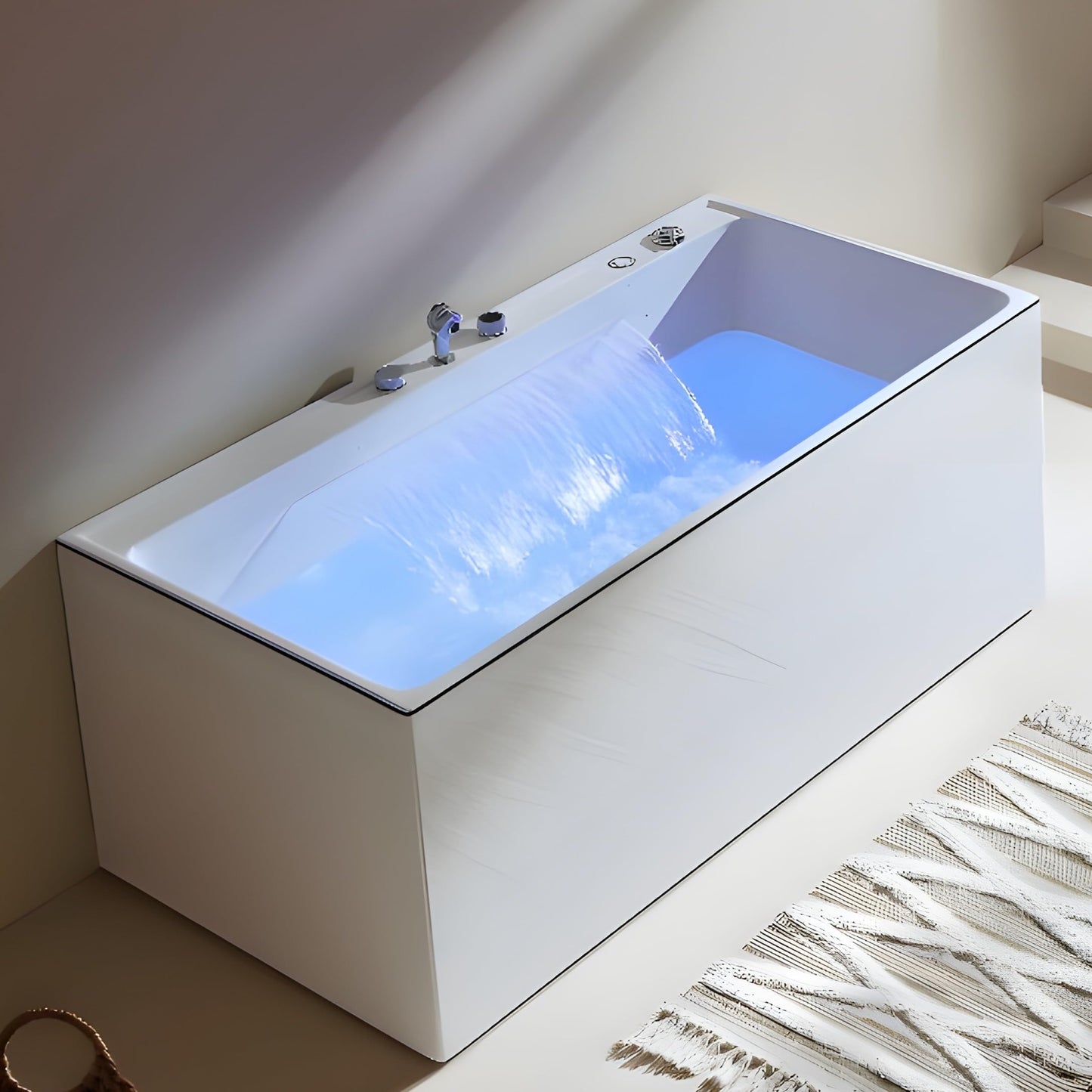 TAISOR Freestanding Bathtub 150 cm – White Glossy Acrylic Soaking Tub with Overflow Drain, Brass Pop-Up Waste & Waste Pipe, 6-Layer Reinforced Standalone Bath Tub