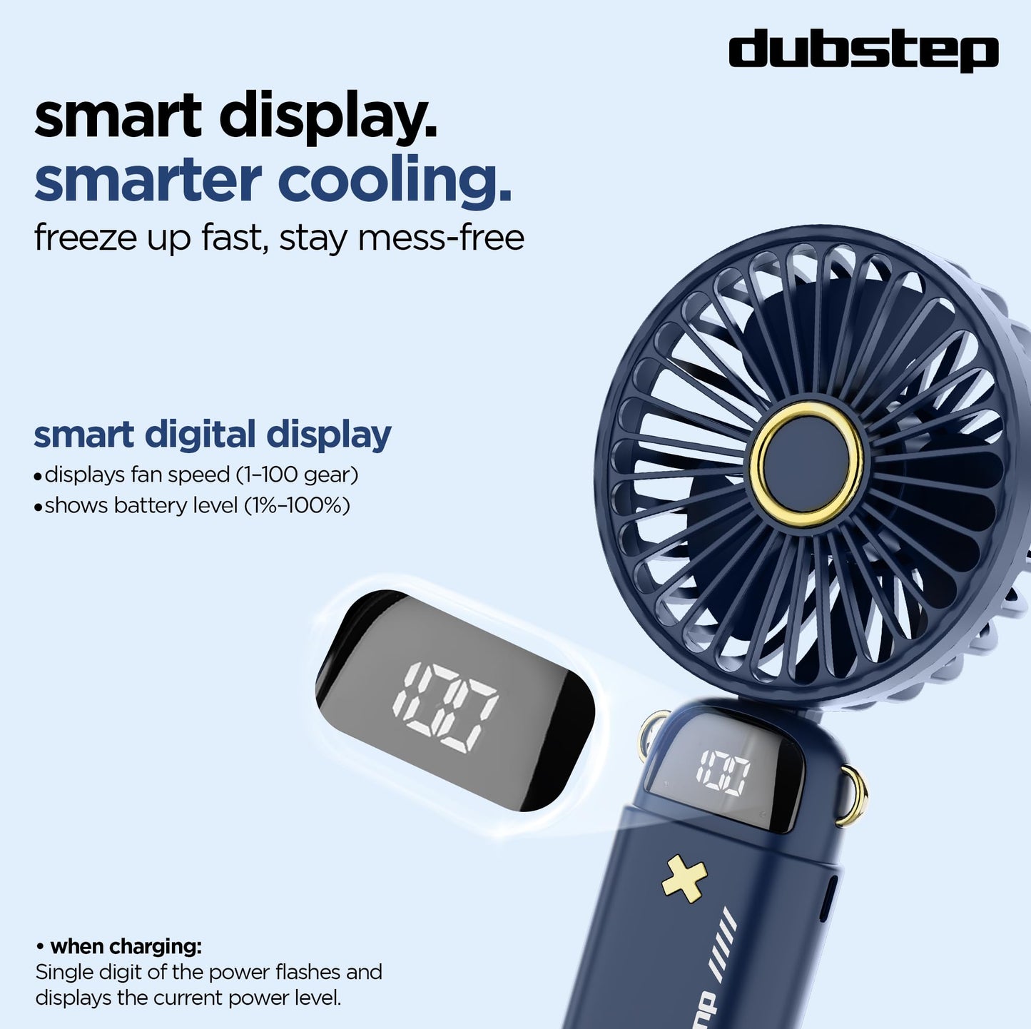 Dubstep Flo-Ice Mini Handheld USB Rechargeable Cooling Fan with Lanyard, LED Digital Display, 5x Speed Mode, 10,000 RPM, Built-in Chiller Tech, Multi-Angle Adjustment, Purple/Black