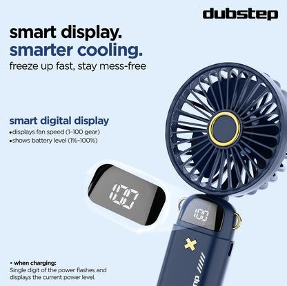Dubstep Flo-Ice Mini Handheld USB Rechargeable Cooling Fan with Lanyard, LED Digital Display, 5x Speed Mode, 10,000 RPM, Built-in Chiller Tech, Multi-Angle Adjustment, Purple/Black