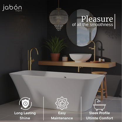 TAISOR Freestanding Bathtub 150 cm – White Glossy Acrylic Soaking Tub with Overflow Drain, Brass Pop-Up Waste & Waste Pipe, 6-Layer Reinforced Standalone Bath Tub