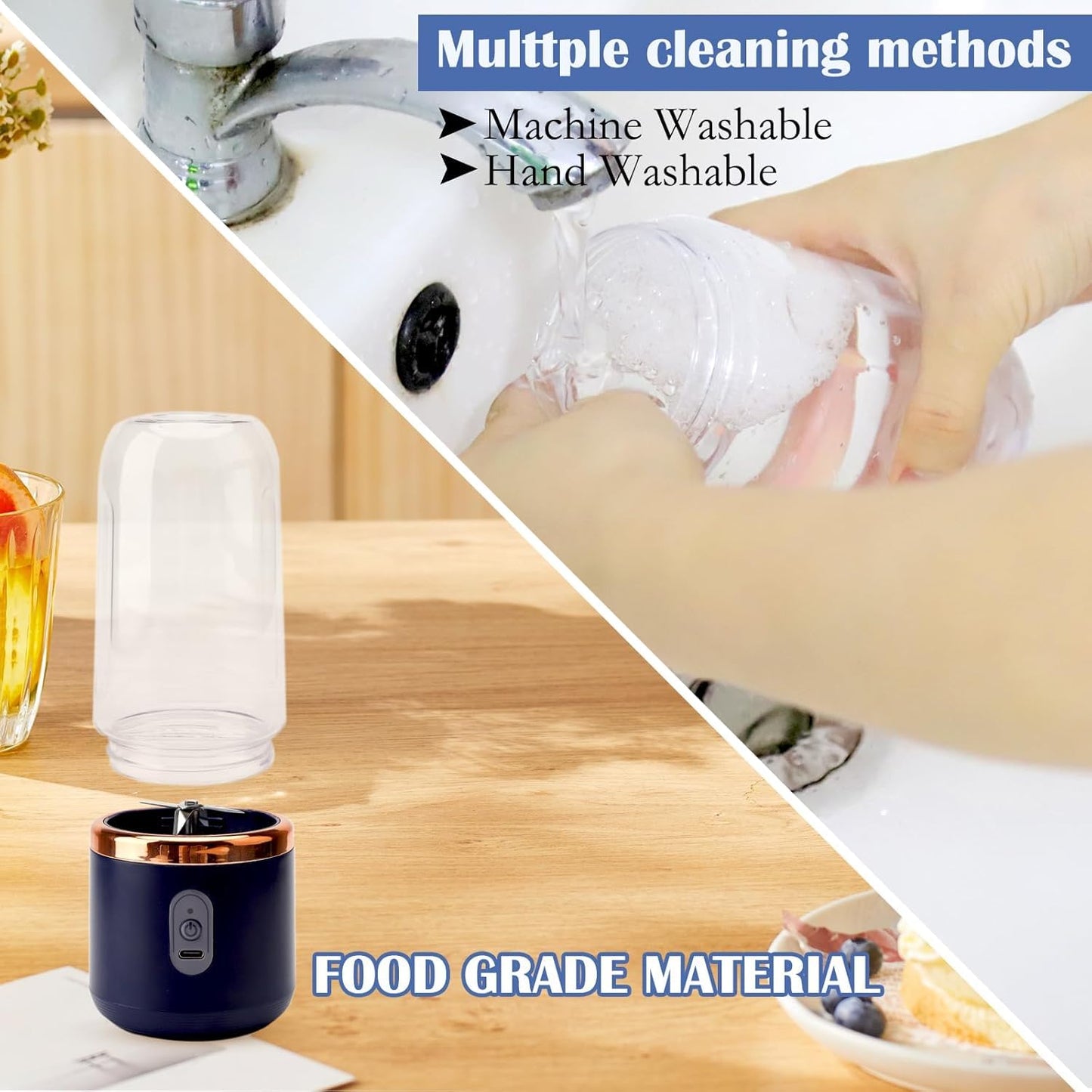 Portable Blender Electric Juicers Fruit Mixers USB Rechargeable Smoothie Mini Personal Juicer 6 Blades 3Gears With 1500 Mah Rechargeable Battery-Smoothie Blender(Blue)