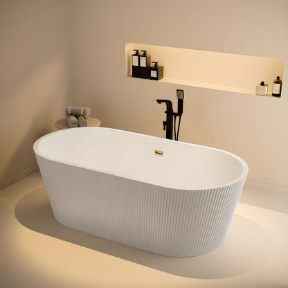 TAISOR Freestanding Bathtub 150 cm – White Glossy Acrylic Soaking Tub with Overflow Drain, Brass Pop-Up Waste & Waste Pipe, 6-Layer Reinforced Standalone Bath Tub