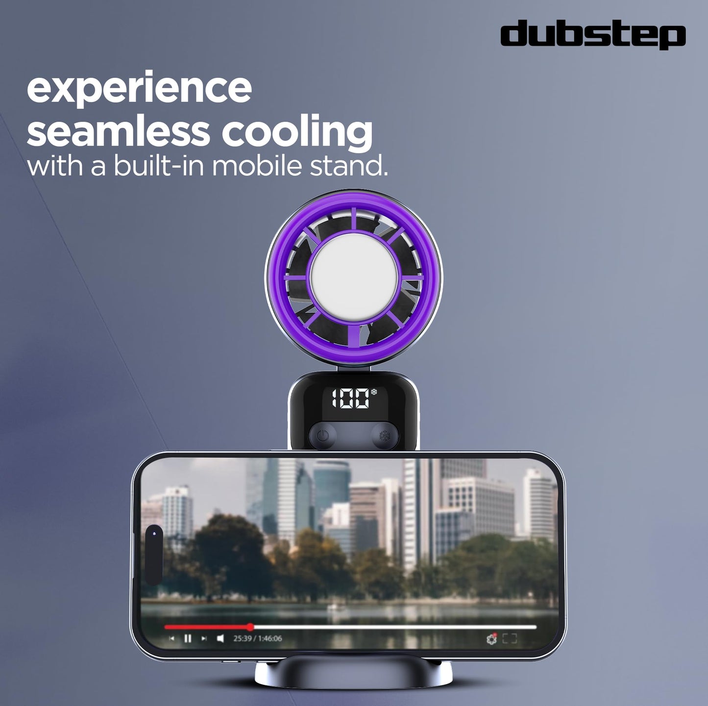Dubstep Flo-Ice Mini Handheld USB Rechargeable Cooling Fan with Lanyard, LED Digital Display, 5x Speed Mode, 10,000 RPM, Built-in Chiller Tech, Multi-Angle Adjustment, Purple/Black