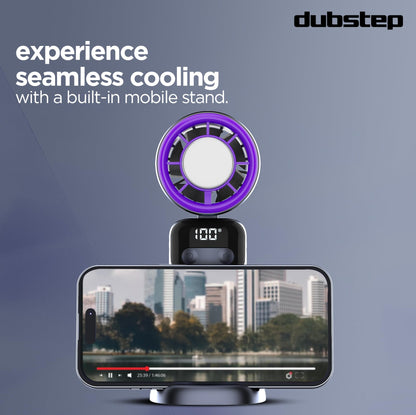 Dubstep Flo-Ice Mini Handheld USB Rechargeable Cooling Fan with Lanyard, LED Digital Display, 5x Speed Mode, 10,000 RPM, Built-in Chiller Tech, Multi-Angle Adjustment, Purple/Black