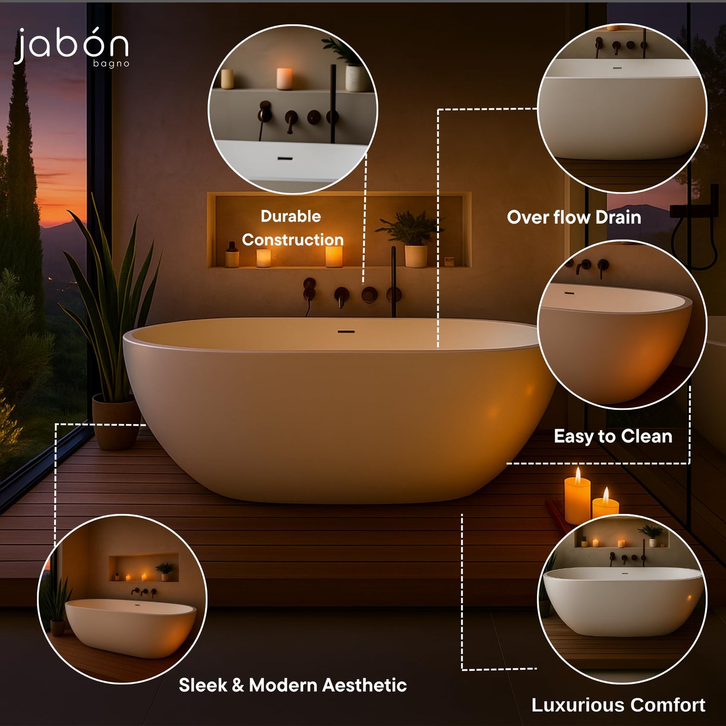 TAISOR Freestanding Bathtub 150 cm – White Glossy Acrylic Soaking Tub with Overflow Drain, Brass Pop-Up Waste & Waste Pipe, 6-Layer Reinforced Standalone Bath Tub