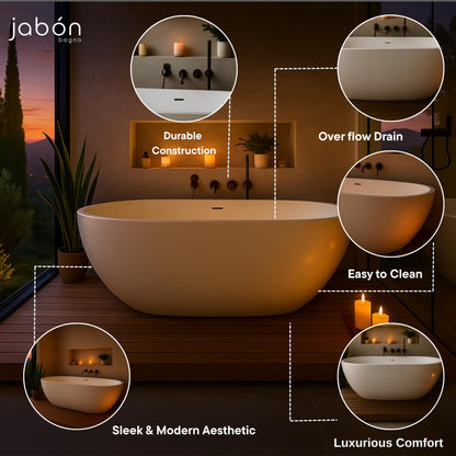 TAISOR Freestanding Bathtub 150 cm – White Glossy Acrylic Soaking Tub with Overflow Drain, Brass Pop-Up Waste & Waste Pipe, 6-Layer Reinforced Standalone Bath Tub
