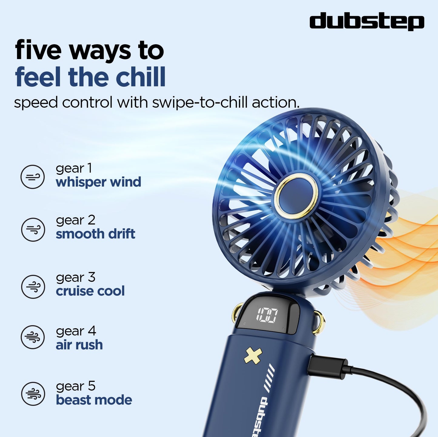 Dubstep Flo-Ice Mini Handheld USB Rechargeable Cooling Fan with Lanyard, LED Digital Display, 5x Speed Mode, 10,000 RPM, Built-in Chiller Tech, Multi-Angle Adjustment, Purple/Black