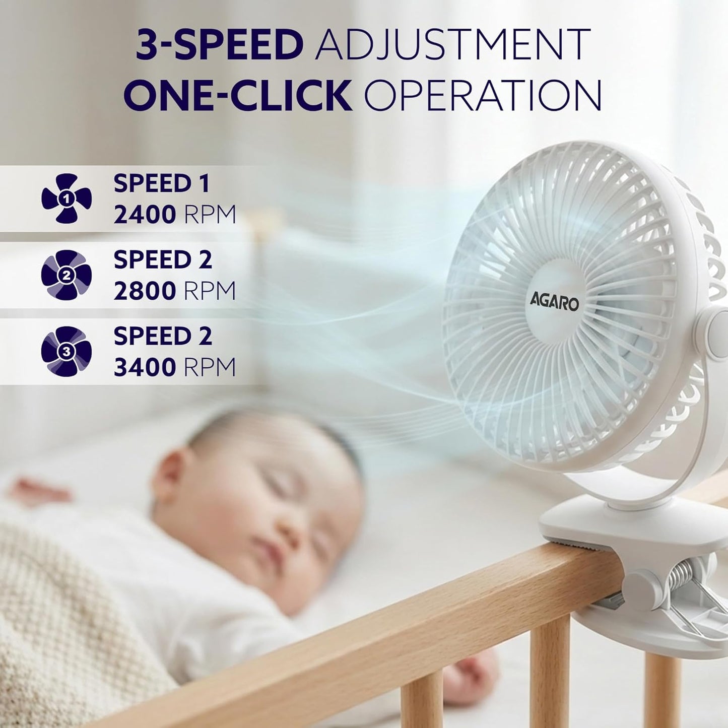 AGARO Regal Portable Clamp Fan, 1800mAh Rechargeable, USB-C Compatible Table Fan, 3 Speeds, Multi-Clip Design, 3400 RPM, Up to 5 Hours Runtime, 5-Inch Mini Fan for Home, Office, Car & Kitchen, White