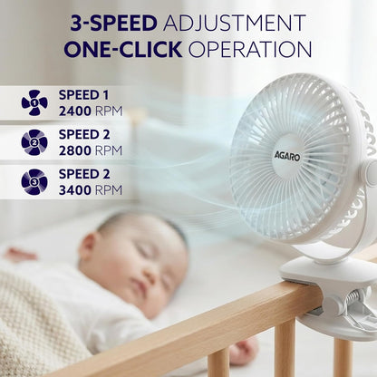 AGARO Regal Portable Clamp Fan, 1800mAh Rechargeable, USB-C Compatible Table Fan, 3 Speeds, Multi-Clip Design, 3400 RPM, Up to 5 Hours Runtime, 5-Inch Mini Fan for Home, Office, Car & Kitchen, White
