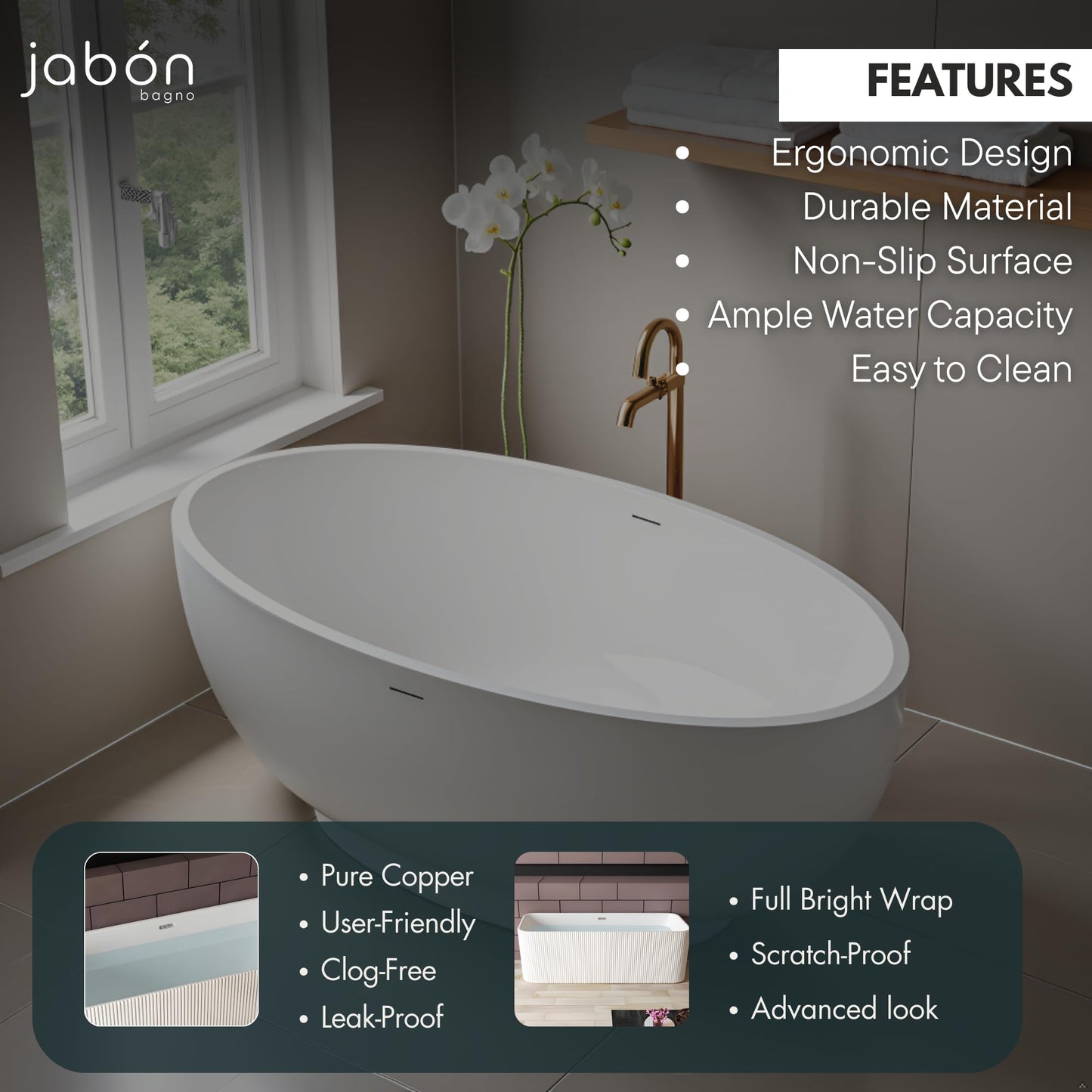 TAISOR Freestanding Bathtub 150 cm – White Glossy Acrylic Soaking Tub with Overflow Drain, Brass Pop-Up Waste & Waste Pipe, 6-Layer Reinforced Standalone Bath Tub