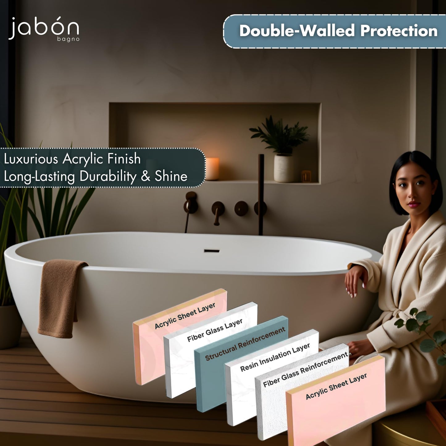 TAISOR Freestanding Bathtub 150 cm – White Glossy Acrylic Soaking Tub with Overflow Drain, Brass Pop-Up Waste & Waste Pipe, 6-Layer Reinforced Standalone Bath Tub