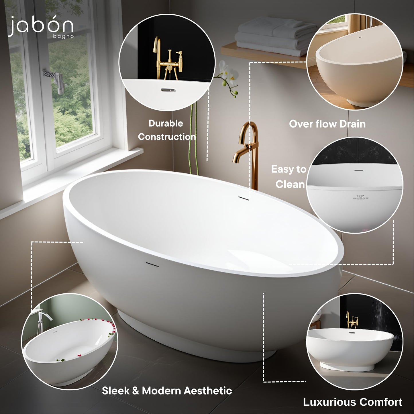 TAISOR Freestanding Bathtub 150 cm – White Glossy Acrylic Soaking Tub with Overflow Drain, Brass Pop-Up Waste & Waste Pipe, 6-Layer Reinforced Standalone Bath Tub