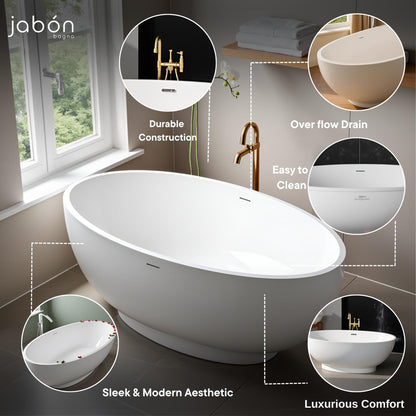 TAISOR Freestanding Bathtub 150 cm – White Glossy Acrylic Soaking Tub with Overflow Drain, Brass Pop-Up Waste & Waste Pipe, 6-Layer Reinforced Standalone Bath Tub