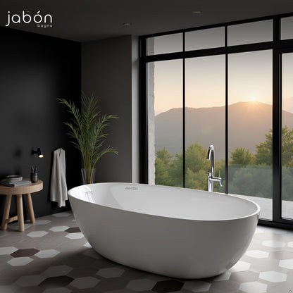 TAISOR Freestanding Bathtub 150 cm – White Glossy Acrylic Soaking Tub with Overflow Drain, Brass Pop-Up Waste & Waste Pipe, 6-Layer Reinforced Standalone Bath Tub