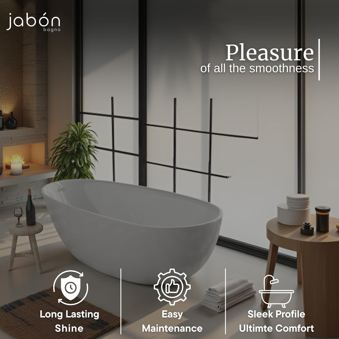 TAISOR Freestanding Bathtub 150 cm – White Glossy Acrylic Soaking Tub with Overflow Drain, Brass Pop-Up Waste & Waste Pipe, 6-Layer Reinforced Standalone Bath Tub