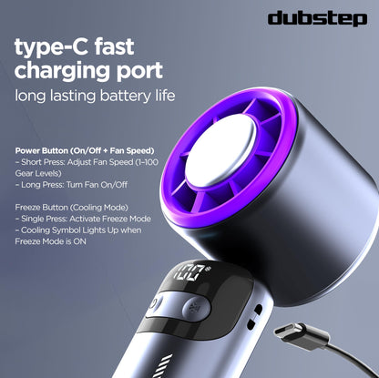 Dubstep Flo-Ice Mini Handheld USB Rechargeable Cooling Fan with Lanyard, LED Digital Display, 5x Speed Mode, 10,000 RPM, Built-in Chiller Tech, Multi-Angle Adjustment, Purple/Black