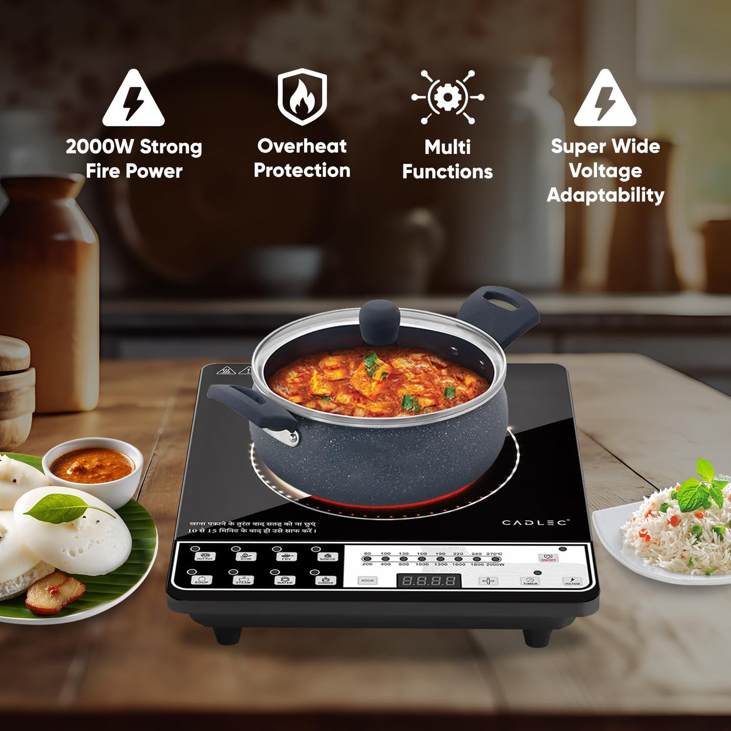 Cadlec CookFusion 2000W Induction Cooktop | 7 Cooking Modes, Auto Shut-Off, Over-Heat Protection, LED Display, BIS Approved, 2-Year Warranty | Black